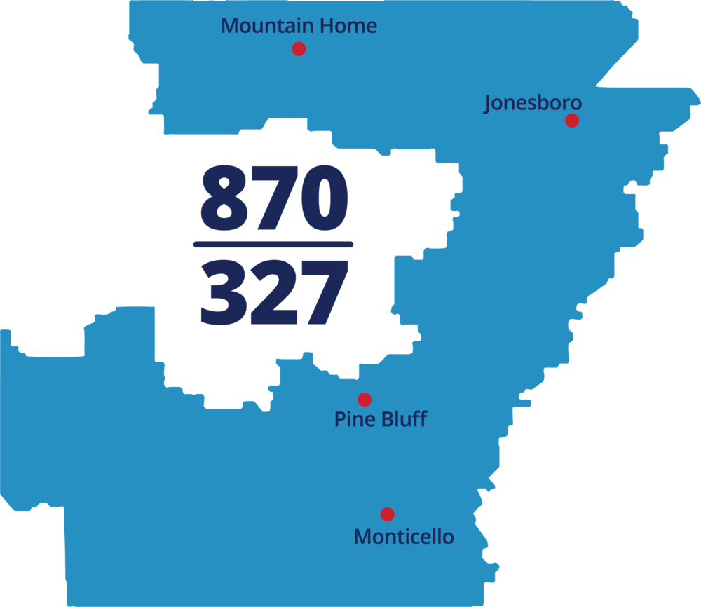 Arkansas Map showing 870 and 327 area codes