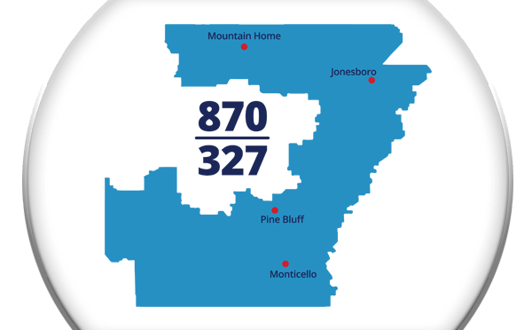 Arkansas map showing 870 and 327 area codes